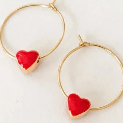 Tiny Red Heart Gold Filled Hoops | Gold hoops with a single red enamel heart on each earring.