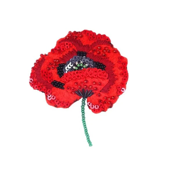 Trovelore | Red Poppy Brooch | A bright red poppy beaded and embroidered with sequins.