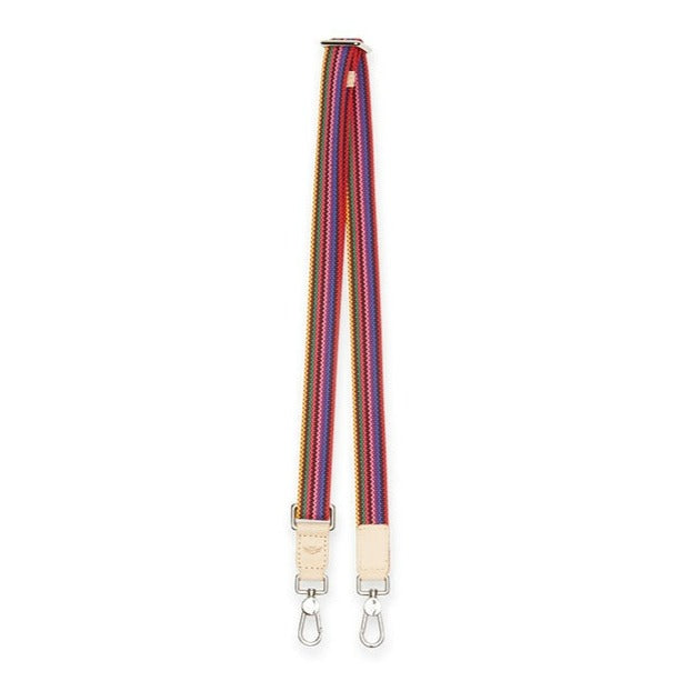 Pink Slim Webbing Crossbody Strap | Consuela | A multi color crossbody strap with pink, red, purple, green, and yellow. Accented with Diego leather.