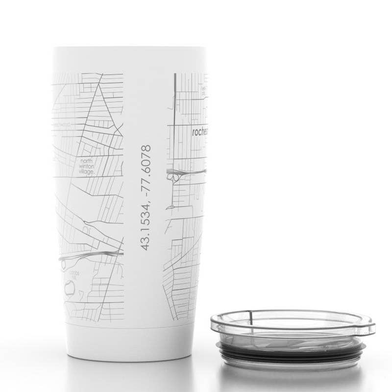 Rochester NY Insulated Tumbler White | A white tumbler with a silver lined map of Rochester NY.