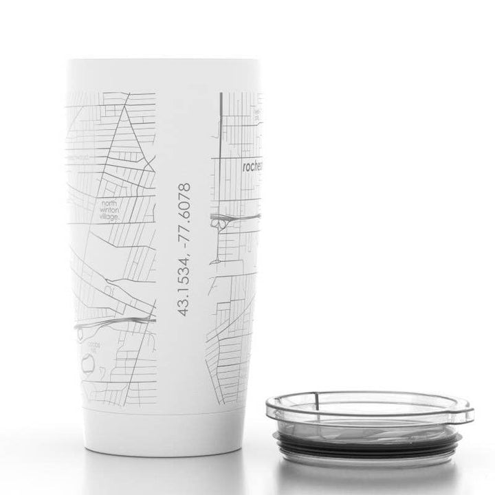 Rochester NY Insulated Tumbler White | A white tumbler with a silver lined map of Rochester NY.