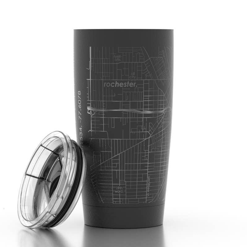 Rochester NY Insulated Tumbler | A black tumbler with a silver line map.