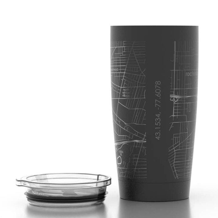 Rochester NY Insulated Tumbler Black | Map turned to show the longitude and latitude coordinates of Rochester NY.