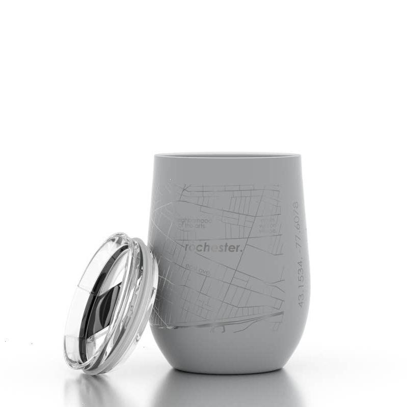 Rochester NY Wine Tumbler White | Well Told | A white tumbler with silver lines forming a map of Rochester NY.