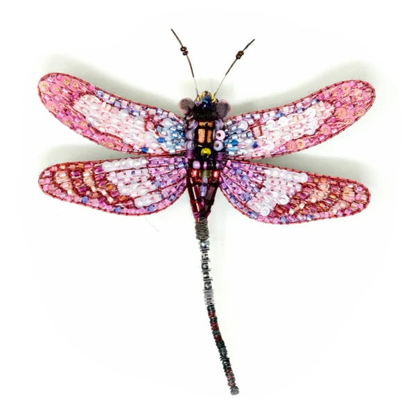 Trovelore | Roseate Skimmer Dragonfly Brooch | Hand Embroidered and beaded dragonfly with pink wings.