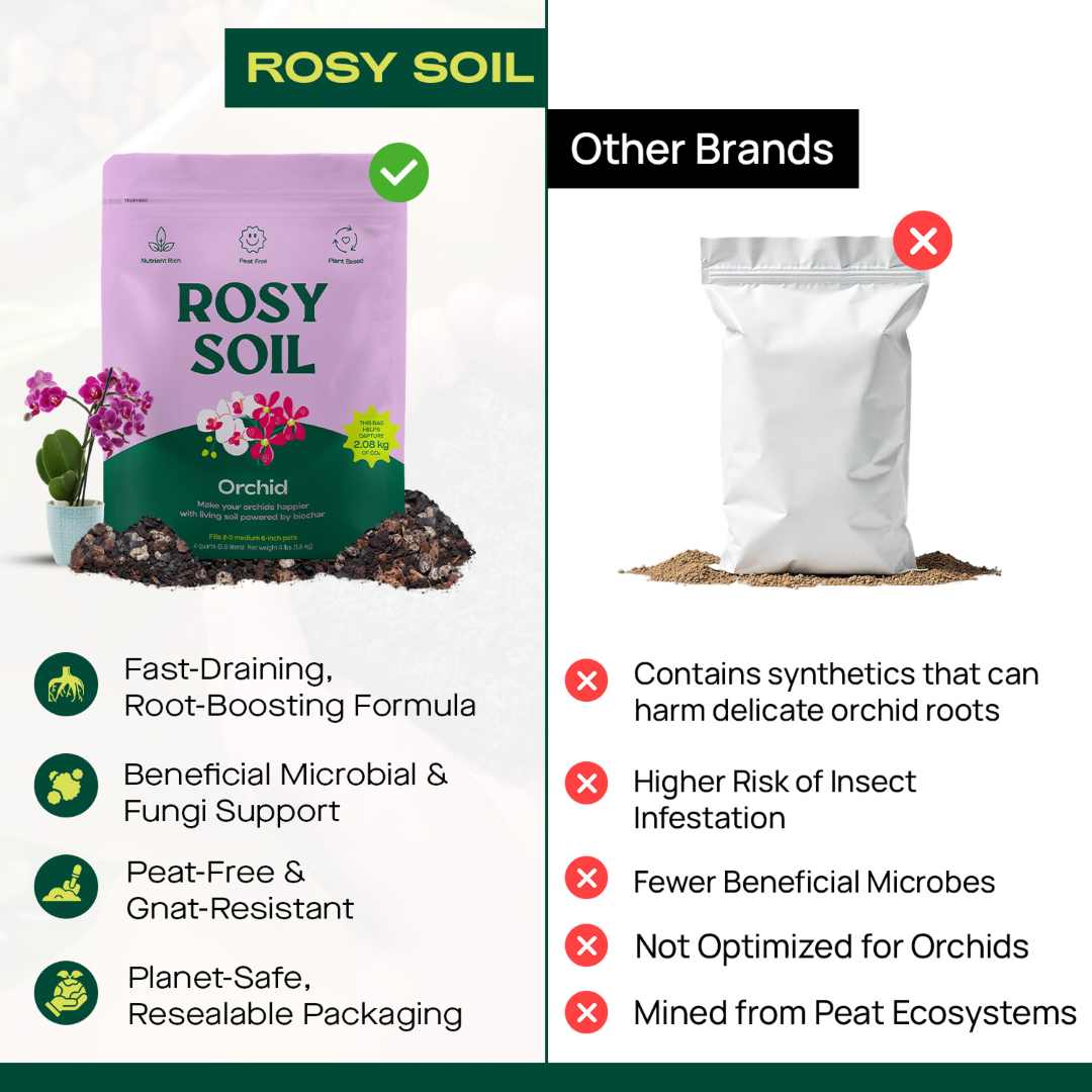 Rosy Soil | Orchid Soil | Comparison of Rosy Soil orchid growing medium with other brands on a white background.