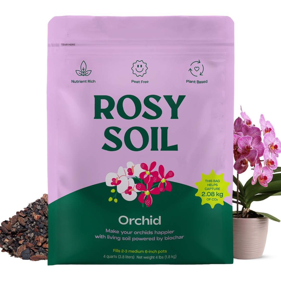 Rosy Soil | Orchid Soil | Rosy Soil packaging for orchids with a plant and soil.