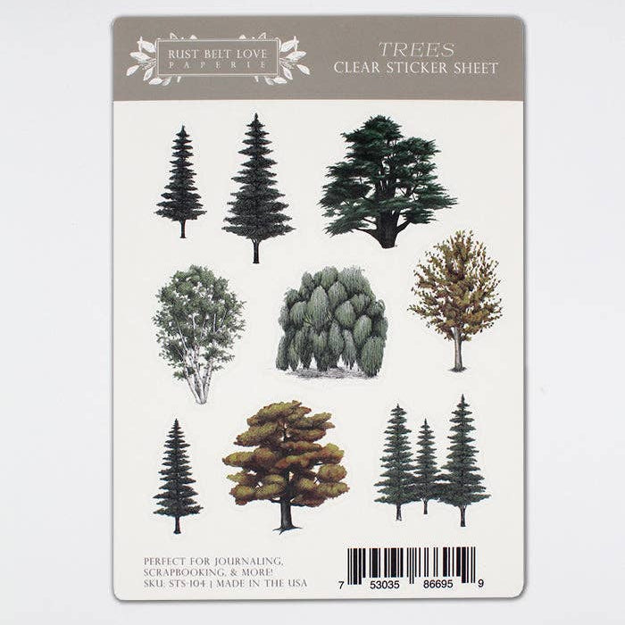 Sheet of tree-shaped clear stickers on a white background