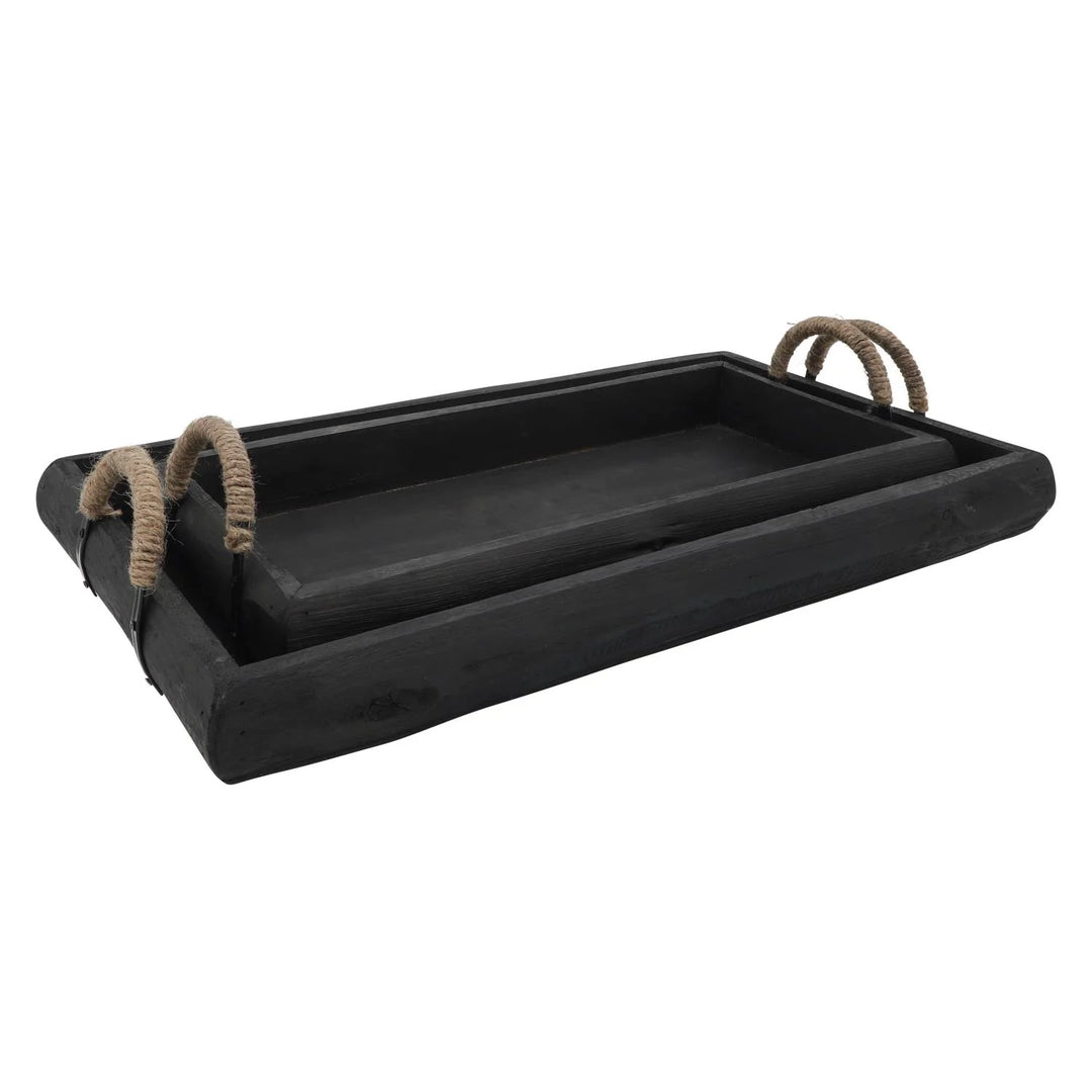 Wood Tray | Two wood trays nested into each other. Black wood with wound twine handles.