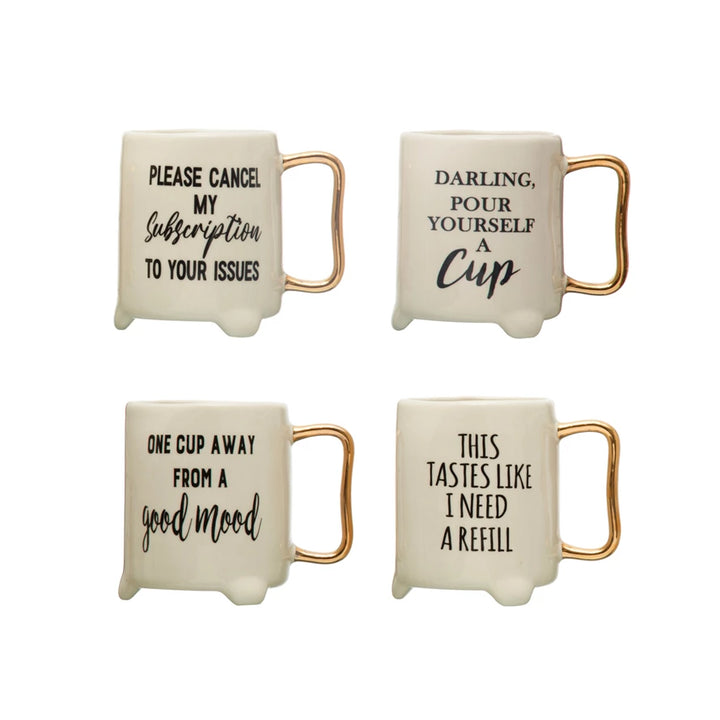 Tea cups with sayings on them