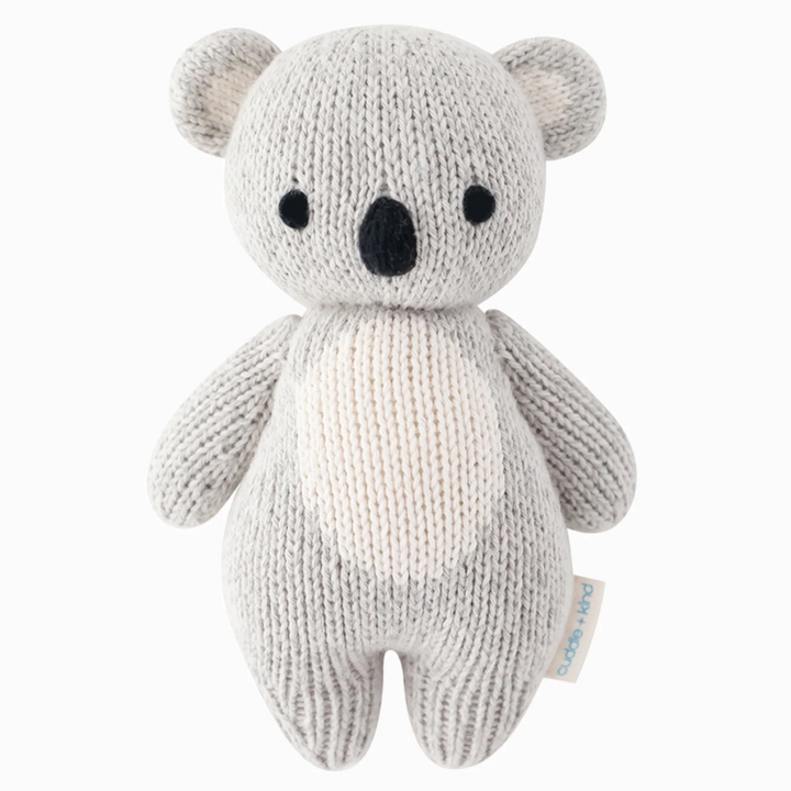 Baby Koala | A gray, white, and black knit baby koala plushie.