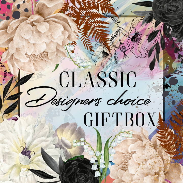 Giftbox with floral design and text 'Classic Designers choice GIFTBOX' on a colorful background Gift box delivery