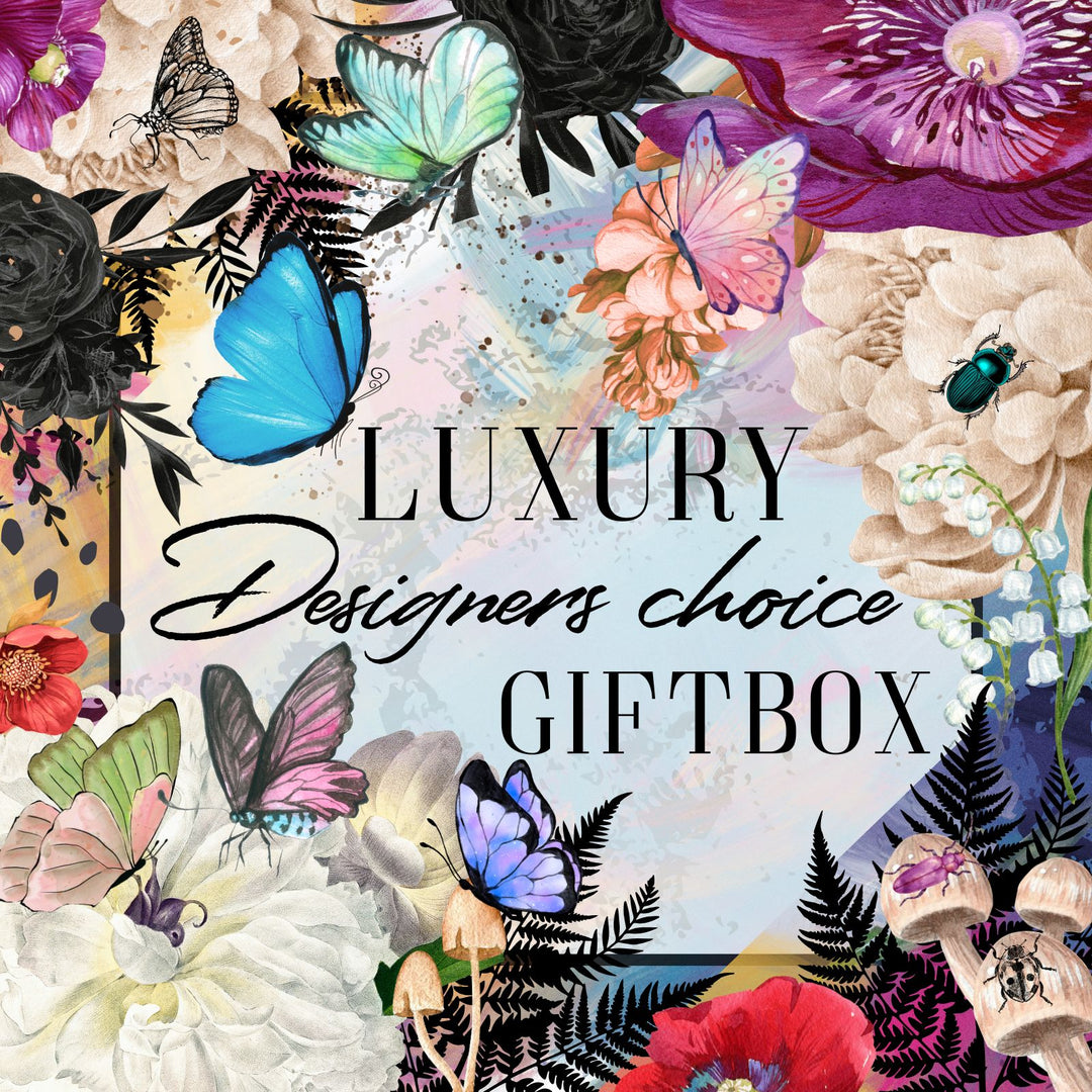 Giftbox with colorful flowers and butterflies on a multicolored background