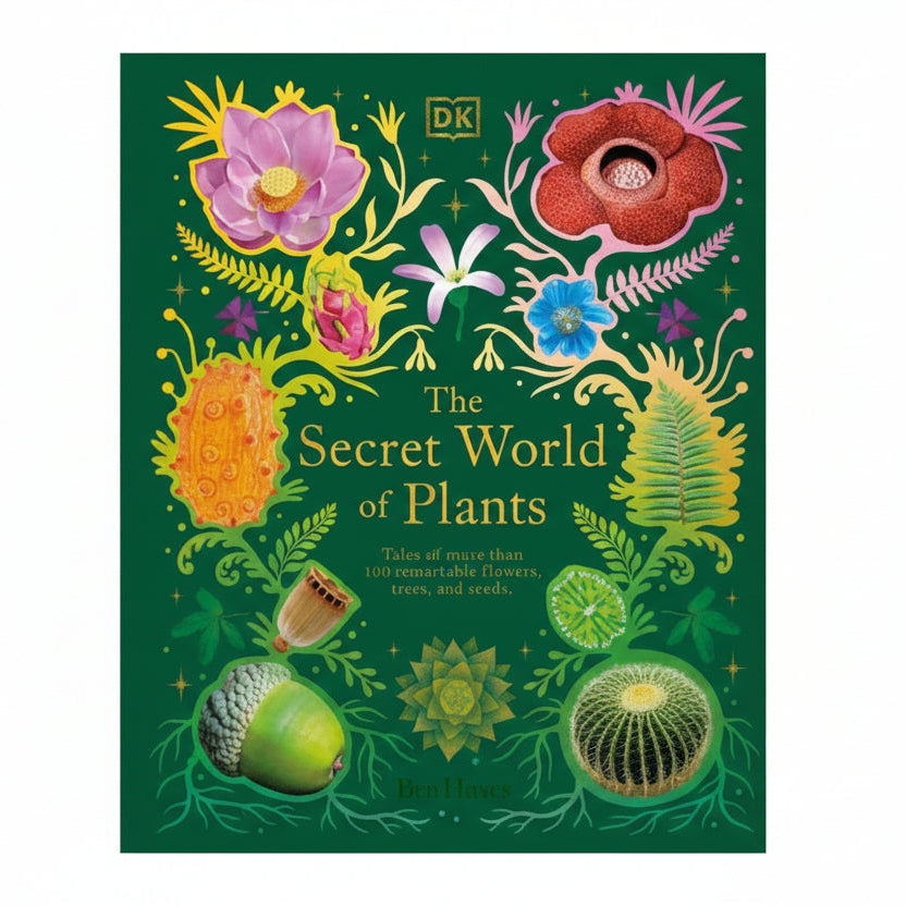 Book cover of 'The Secret World of Plants' with colorful plant illustrations on a green background.