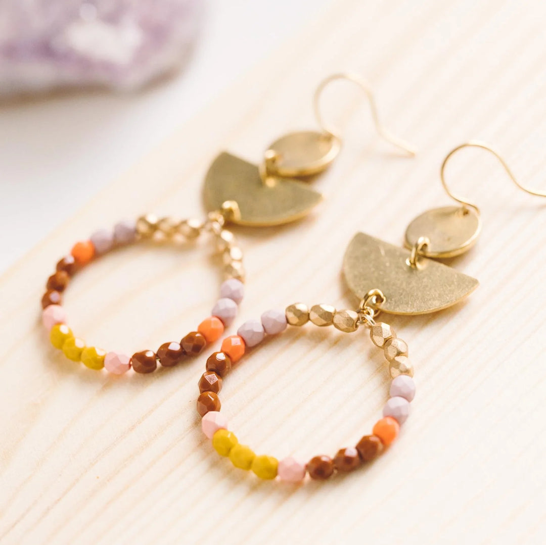 Long Brass and Semi Circle Hoop Earrings | Gold earrings with a beaded circle hoop in lavender, orange, yellow, brown, pink, and yellow.