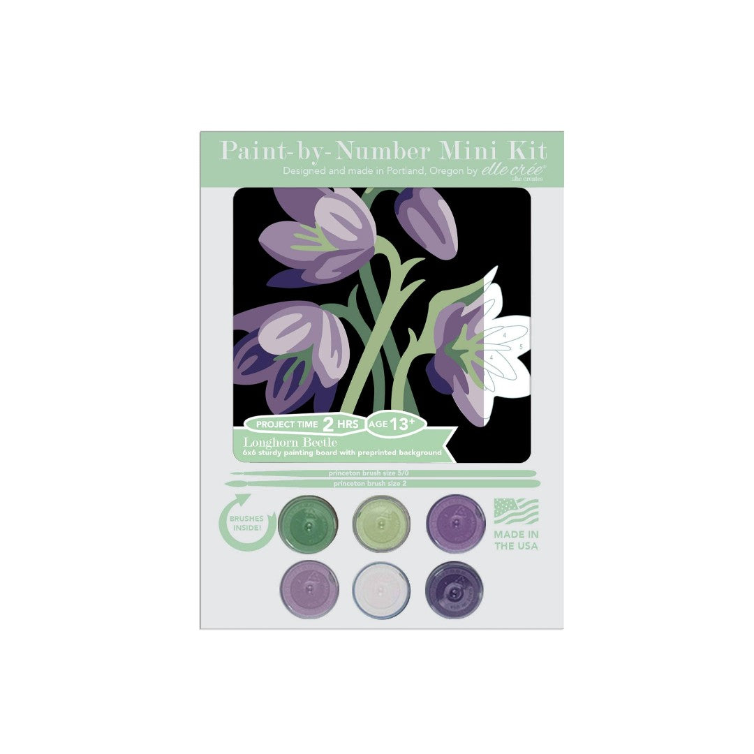 She Creates | Paint-by-Number Mini Kit packaging with purple flowers and color swatches on a white background