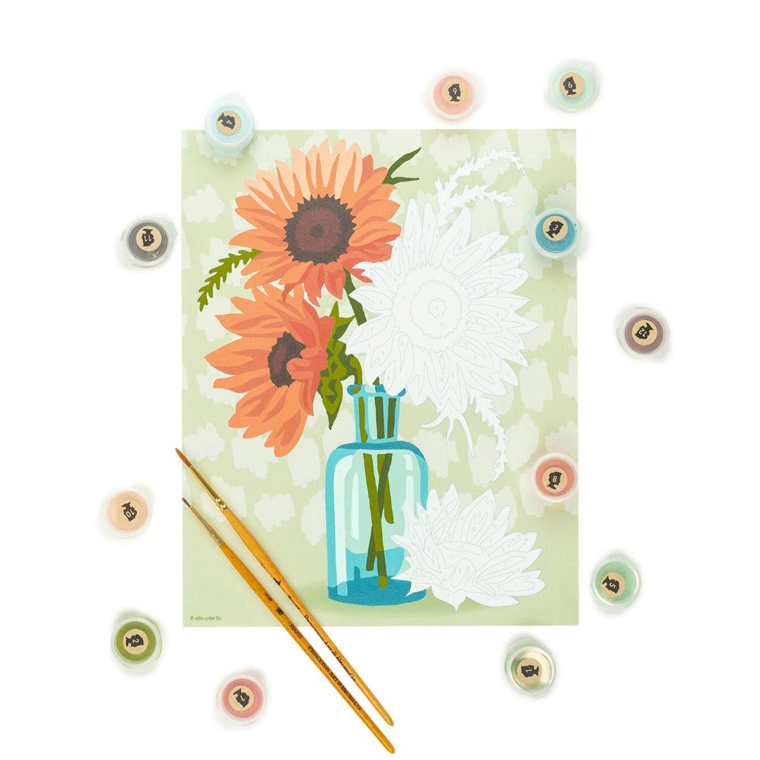 She Creates | Paint by numbers | Sunflowers | Painting shown partially painted with labeled paint cups and paint brushes.