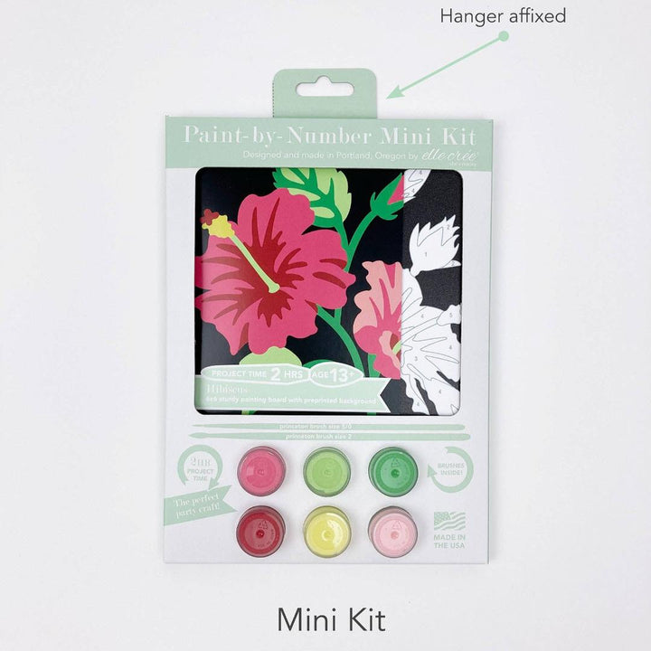 She Creates | Hibiscus | Floral paint-by-number mini kit with hanger affixed on a light gray background