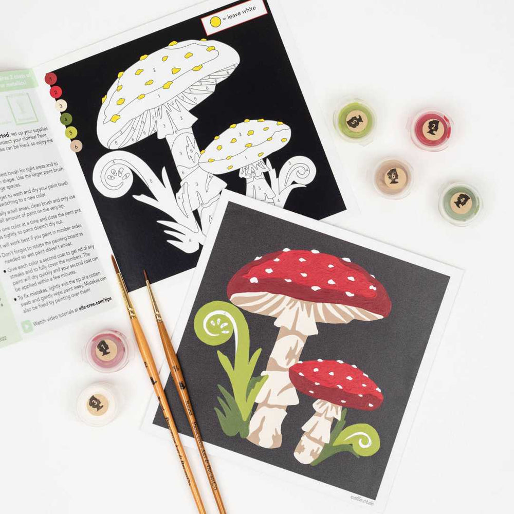 She Creates | Paint by numbers with mushroom designs and paint brushes on a white background
