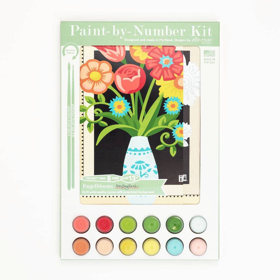 She Creates | Paint-by-Number Kit packaging with floral design and color swatches on a white background