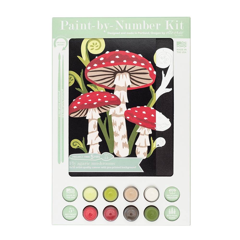 She Creates | Paint-by-Number kit packaging with red and white mushrooms on a black background