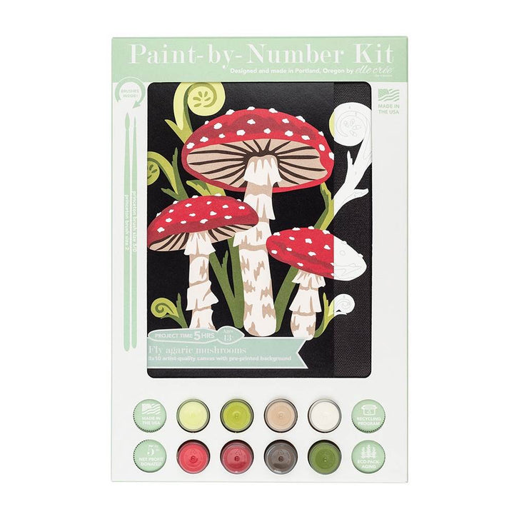 She Creates | Paint-by-Number kit packaging with red and white mushrooms on a black background