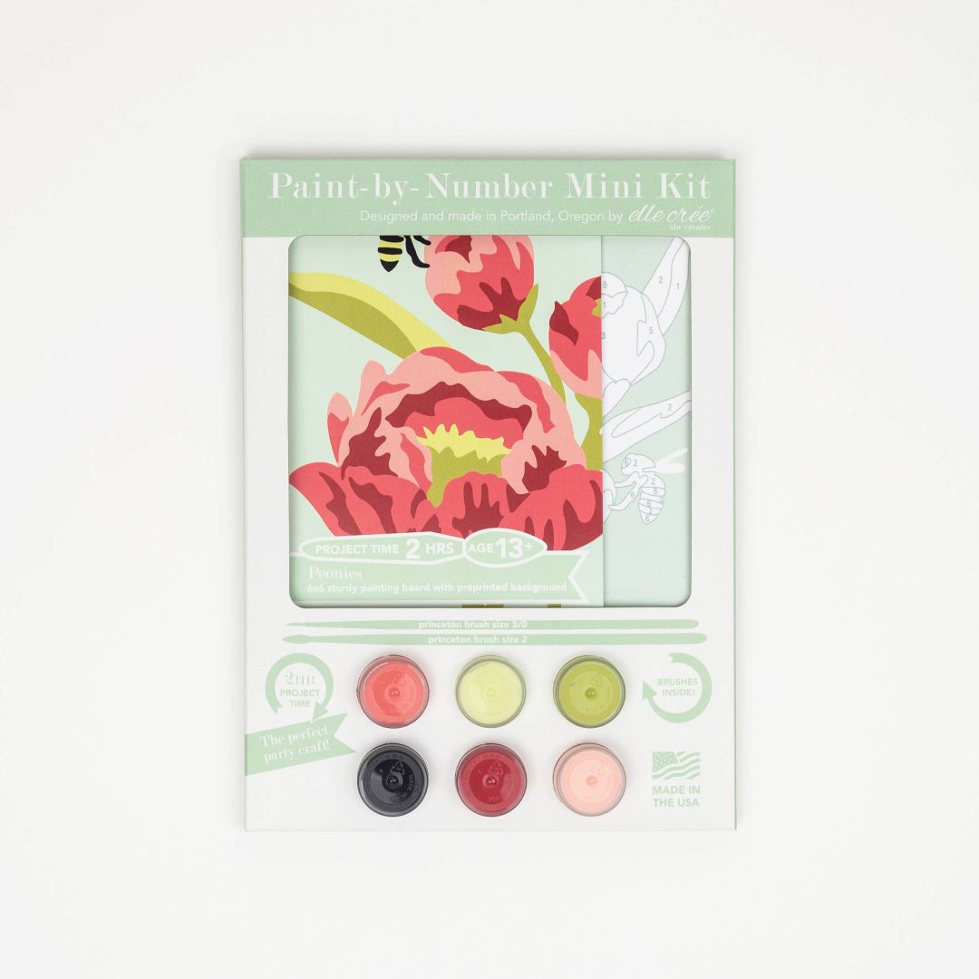 She Creates | Peonies Paint by Number mini kit with floral design and color swatches on a white background