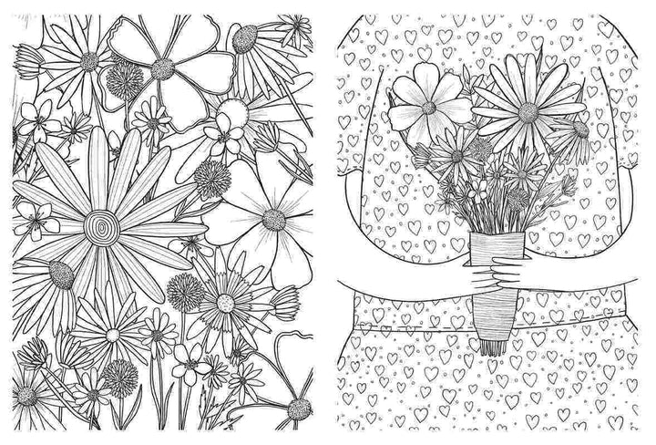 Simon & Schuster | Life with Plants | Coloring book | Spread shows wildflowers and a person in a heart dress holding a bouquet.