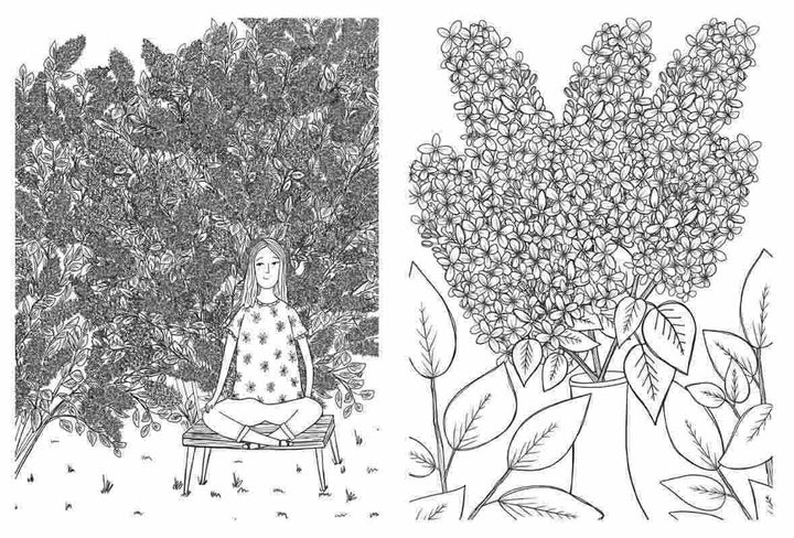 Simon & Schuster | Life With Plants | Coloring book | Spread with a girl sitting among lilacs bushes, and a vase with lilacs.