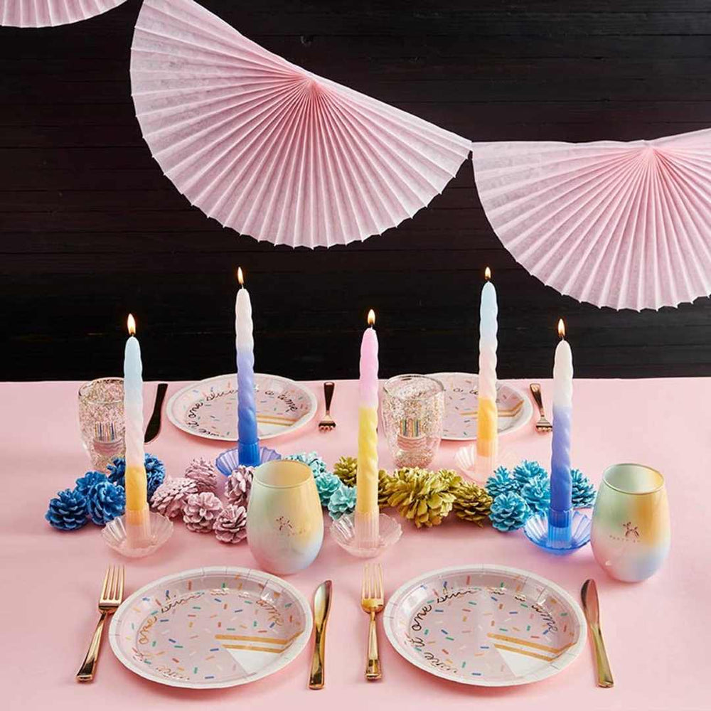 Slant | Ombre Taper Candles | Pink, yellow, and white spiral. Table setting example