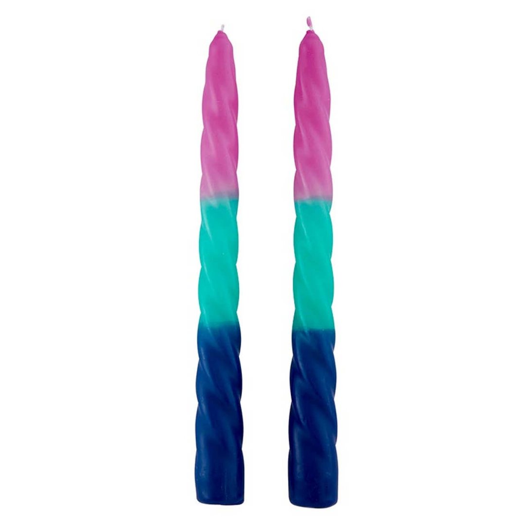 Slant | Ombre Taper Candle | Pink, seafoam, and blue. Spiral.