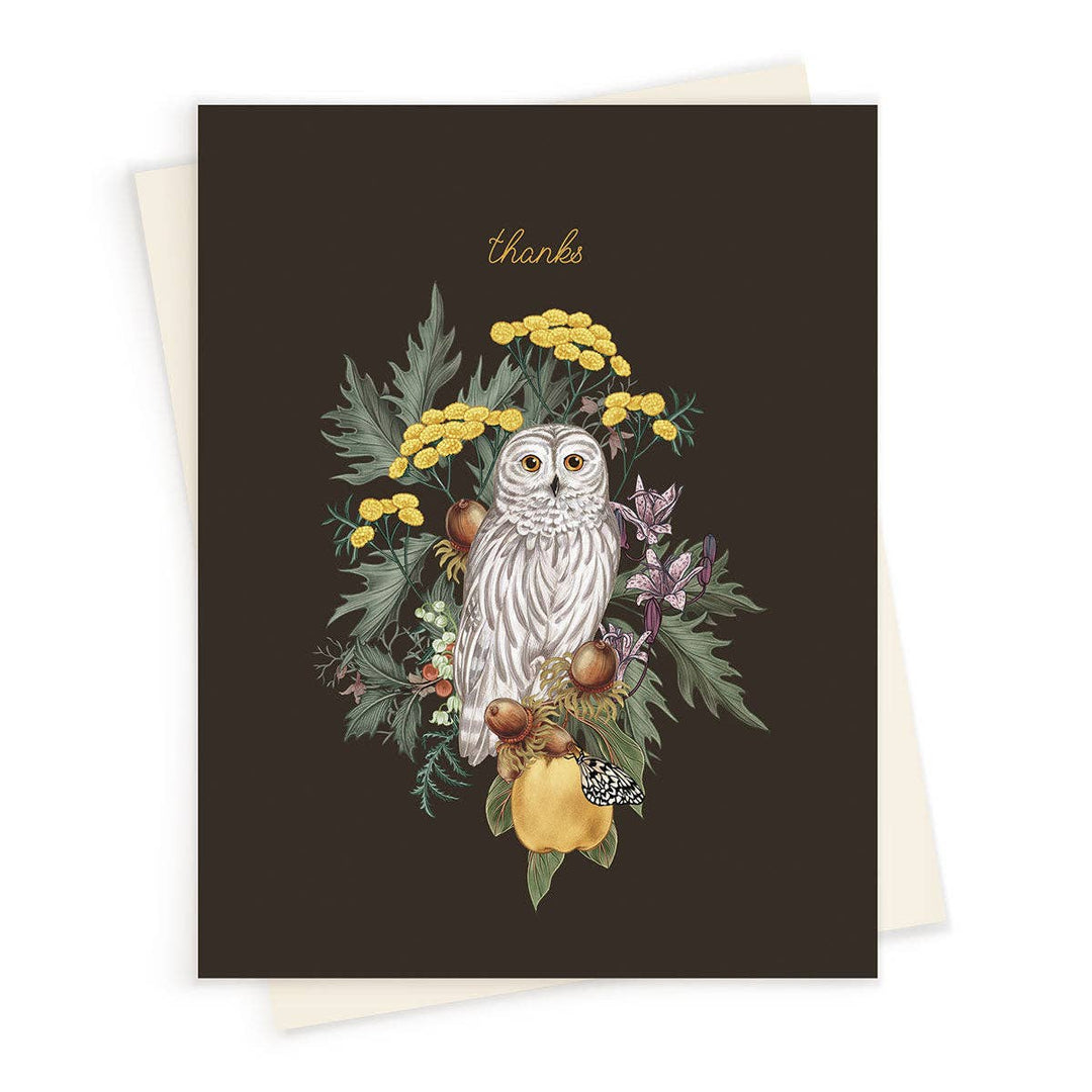 Greeting card with an owl and floral design on a dark background