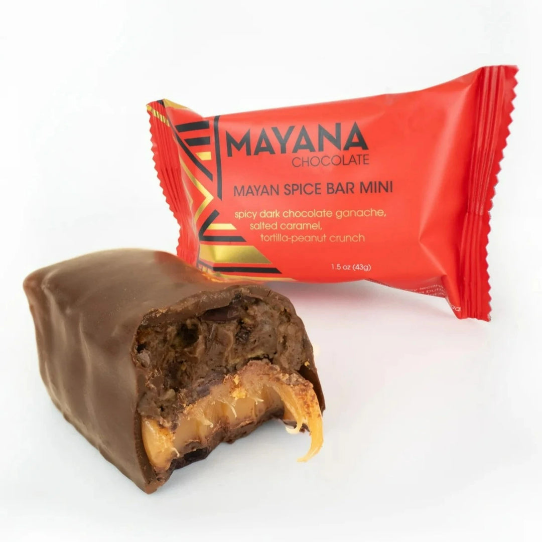 Mayana Mini Mayan Spice Mini Bar | A bright red package and chocolate bar showing the caramel and chocolate interior.