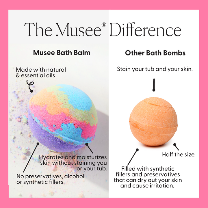 Comparison of Musee Bath Balm and other bath bombs on a pink background