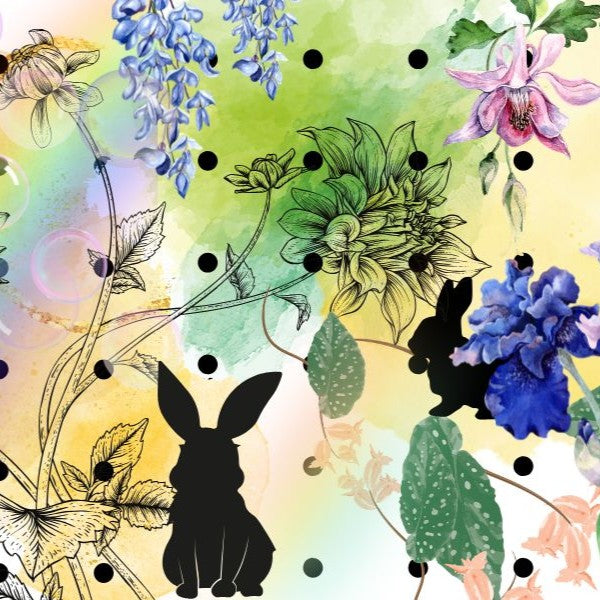 Colorful floral design with black rabbit silhouettes on a gradient background