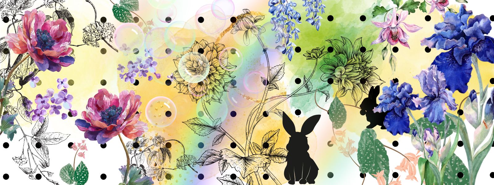 Colorful floral design with black rabbit silhouette on a white background