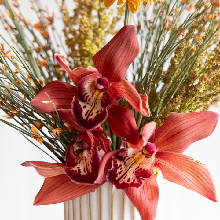 Red orchids with green foliage in a white vase on a light background