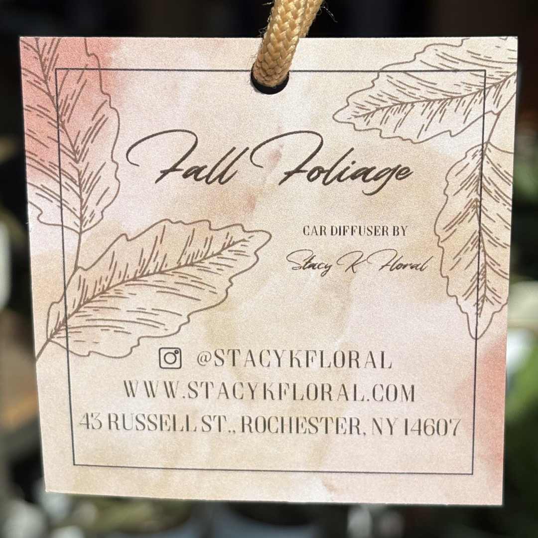 Stacy K Floral | Fleurish Co. | Fall Foliage | Card diffuser label with 'Fall Foliage' text and leaf illustrations, featuring branding and contact information.