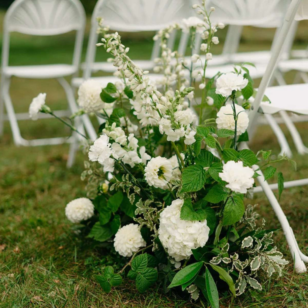 Stacy K Floral | White and neutral garden style. Greens and whites. Some florals shown are dahlias and carnations.