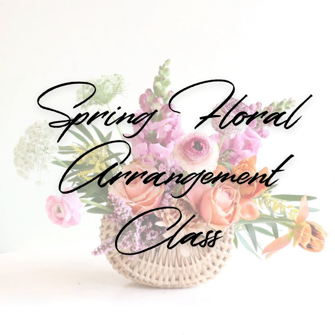 Spring floral arrangement class text with a floral design on a white background