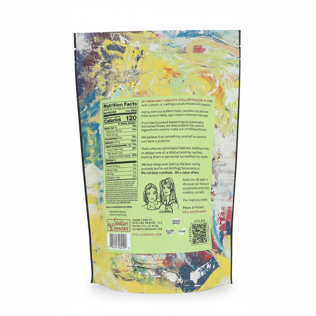 Back of a snack package with nutritional information and branding on a colorful abstract background