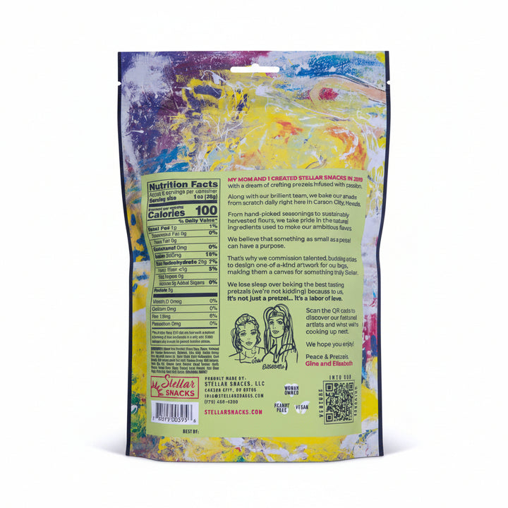 Colorful snack package with nutritional information and branding details.