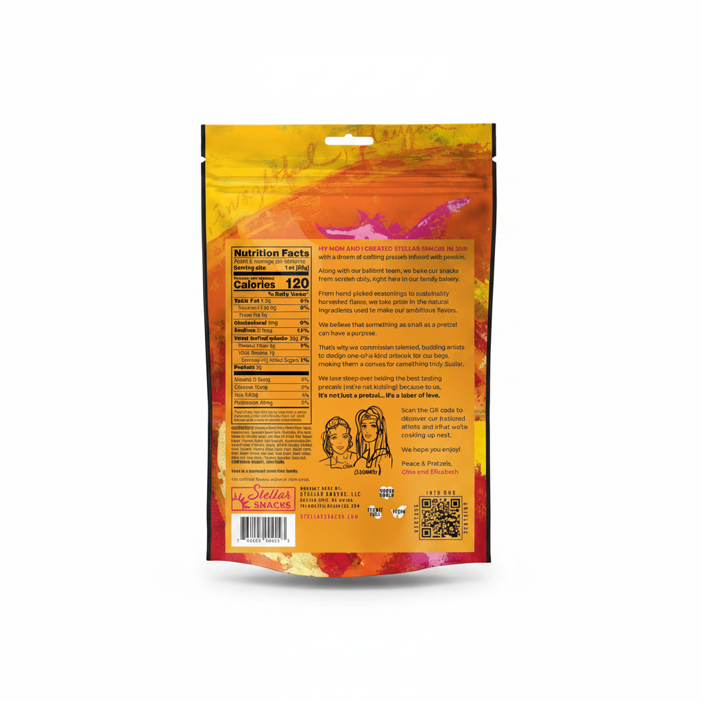Back of a snack package with nutritional information and branding details.
