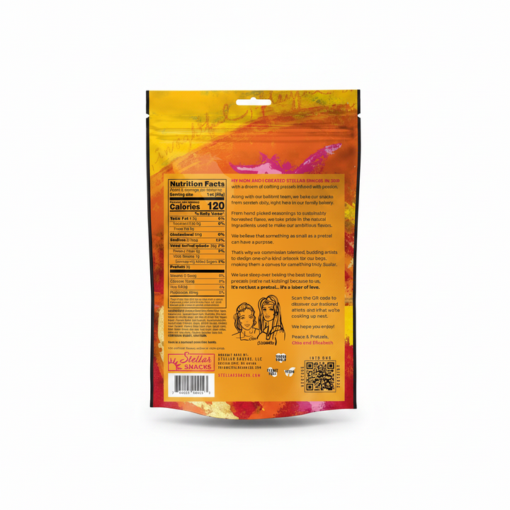 Back of a snack package with nutritional information and branding details.