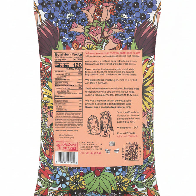 Colorful snack package with a nutrition label and branding on a white background