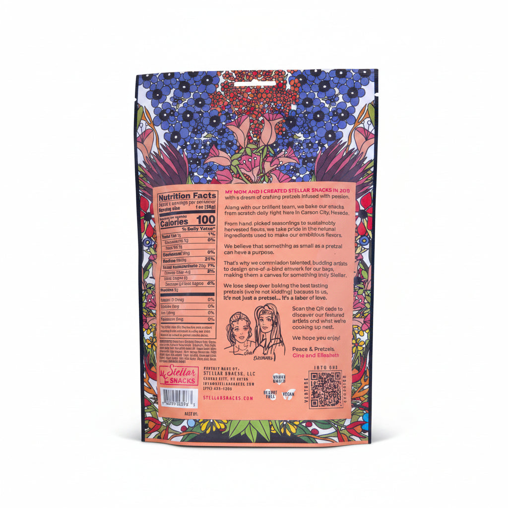Back of a snack package with colorful floral design and nutrition facts.