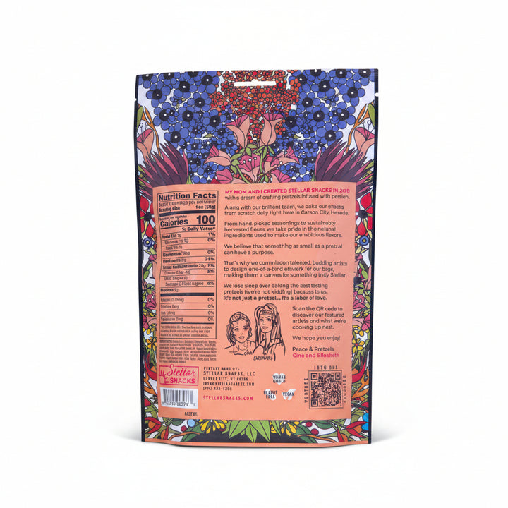 Back of a snack package with colorful floral design and nutrition facts.