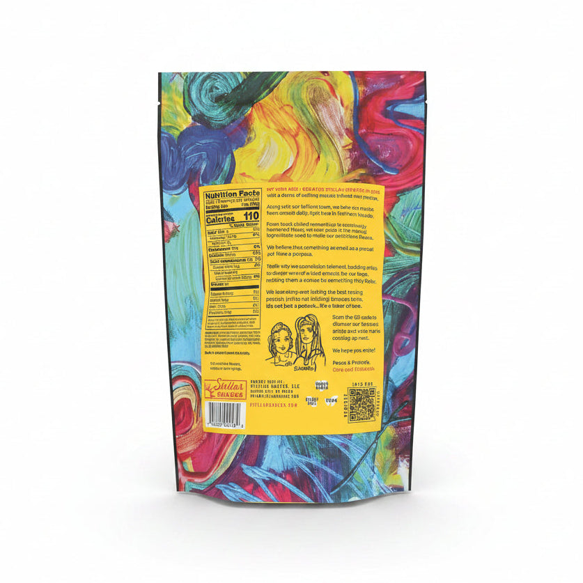 Colorful snack package with a nutrition label and branding on a multicolored background