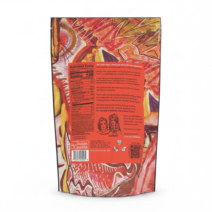 Back view of a stand-up pouch package with an abstract red, orange, yellow, and brown patterned design and a large orange nutrition facts panel in the center, shown on a white background.