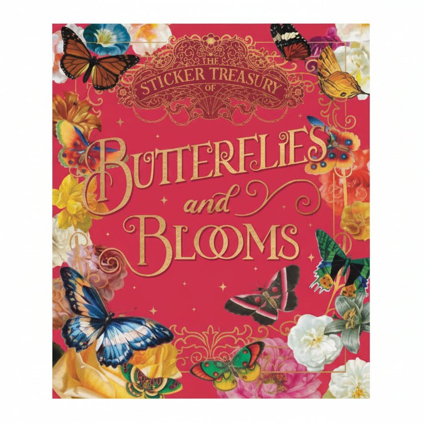 Sticker book cover titled 'The Sticker Treasury of Butterflies and Blooms' with colorful butterflies and flowers on a red background.